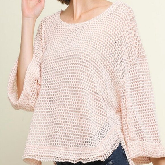 NWT Umgee Baby Pink High Low Waffle Knit Top Size Small Cotton 3/4 Sleeve Boho S - Picture 1 of 15
